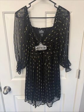 Angie Black Chiffon Dress with Gold Dash Detail